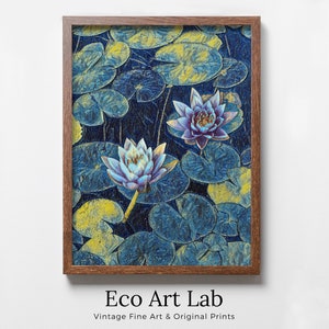 May include: A framed print of two water lilies with blue and purple petals, surrounded by green and yellow lily pads. The print has a vintage, textured look and is titled "Eco Art Lab".