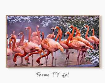 Flamingos in Winter Frame TV Art Digital Download, Digital Art for Tv, Colorful Art for Frame TV Tropical Bird Decor