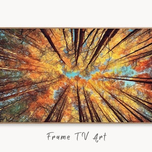 May include: A photograph of a forest from a low angle, looking up at the trees. The trees are bare and the leaves are a mix of orange, yellow, and red. The sky is a bright blue.