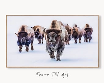 Samsung Frame TV Art 4K Bison Herd in Snow Landscape Digital Painting. Instant Download Buffalo Art for the Samsung Frame TV. Art for TV