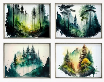 Set of 4 Watercolor Forests Landscape Art. Printable Wall Art. Nature Decor. Gallery Wall Set. Digital Art Green Forest Trees Painting Print