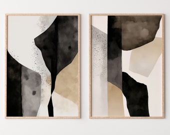 Minimalist Set of 2 Art Prints. Black and White Abstract Poster Set. Neutral Gallery Wall. Black & Beige Wall Art. Contemporary Modern Art