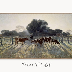 Samsung Frame TV Art 4K Pintura de paisagem de fazenda vintage. Download instantâneo. Arte rústica de vacas pastando para TV Frame. Arte paisagística para TV