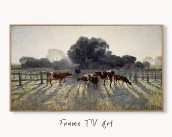 Samsung Frame TV Art 4K Vintage Farmhouse Landscape Painting. Instant Download. Grazing Cows Rustic Art for Frame TV. Landscape Art for TV