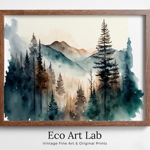 Abstract Forest & Mountain Watercolor Painting. Colorful Forest Landscape. Printable Nature Art. Mountain Forest Art. Printable Wall Art