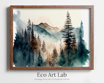 Abstract Forest & Mountain Watercolor Painting. Colorful Forest Landscape. Printable Nature Art. Mountain Forest Art. Printable Wall Art