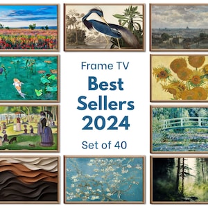 Puede incluir: Un collage de 10 impresiones de arte enmarcadas que presentan varios paisajes, bodegones y diseños abstractos. El texto "Frame TV Best Sellers 2024 Set of 40" se muestra en el centro del collage.