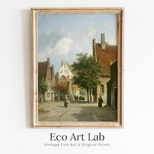 Vintage Country Painting, Rustic European Village Print. Antique Oil Painting Street Scene Village Road Print. Vintage Landscape Wall Art