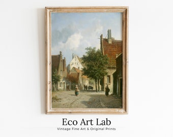 Vintage Country Painting, Rustic European Village Print. Antique Oil Painting Street Scene Village Road Print. Vintage Landscape Wall Art