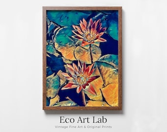Lotus Flower Art, Botanical Flower Wall Decor. Two Lotus Flowers on Water Digital Painting. Floral Art Printable