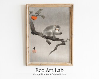 Monkey Print Vintage Japanese Poster Wall Art. Instant Download Monkey Sitting on Branch Japanese Painting. Printable Japanese Monkey Art