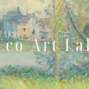 May include: A painting of a landscape with a river, trees, and a village in the background. The text "Eco Art Lab" is superimposed on the image.