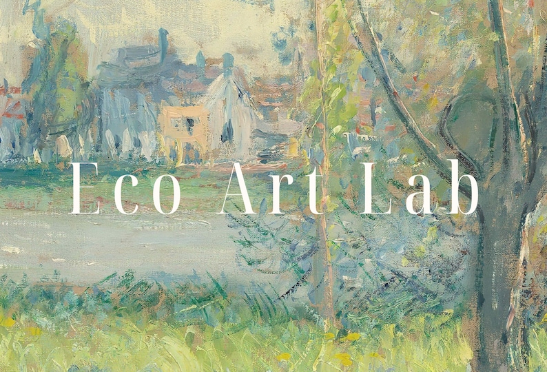 May include: A painting of a landscape with a river, trees, and a village in the background. The text "Eco Art Lab" is superimposed on the image.
