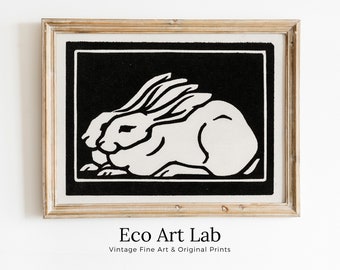 Two Rabbits Vintage Art Nouveau Print Wall Art. Instant Download Retro Rabbit Painting Julie De Graag Printable Wall Art, Art Nouveau Poster