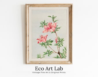 Vintage Japanese Flower Art Azalea Painting Printable Wall Art. Instant Download Antique Japanese Art. Botanical Print Floral Wall Art
