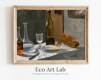 Still Life w/ Bottle Carafe Bread and Wine Famous Painting. Instant Download Vintage Decor. Monet Art Print Vintage Painting. Printable Art