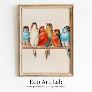 Cuadro vintage de pájaros posados en una rama. Arte mural imprimible de descarga instantánea. Cuadro de pájaros. Impresiones de arte mural de decoración vertical. Póster de pájaros