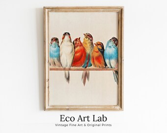 Vintage Birds Perched on Branch Painting. Instant Download Printable Wall Art. Bird Painting. Vertical Decor Wall Art Prints. Birds Poster