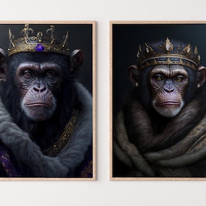 King & Queen Chimps Set of 2 Prints. Digital Painting Printable Wall Art. Couple Monkeys Poster. 2 Piece Wall Art Contemporary Animal Art