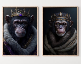 King & Queen Chimps Set of 2 Prints. Digital Painting Printable Wall Art. Couple Monkeys Poster. 2 Piece Wall Art Contemporary Animal Art