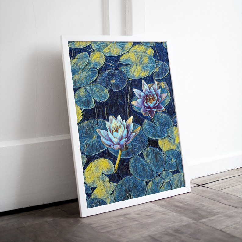 May include: A framed print of a blue and yellow abstract painting featuring two water lilies with purple centers. The lilies are surrounded by large, round, yellow-green leaves.