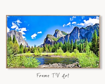 Yosemite Mountains and River Frame TV Art Landscape Digital Download, Digital Art for Tv, Colorful Frame TV Art