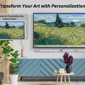 May include: A digital art frame displaying a painting of a field of grass and trees with a blue sky and white clouds. The text "Welcome to the Anderson! House Rules: No Drama, Just Art" is displayed below the painting. The text "Custom Message", "Text Style", and "Text Color" are displayed below the text.