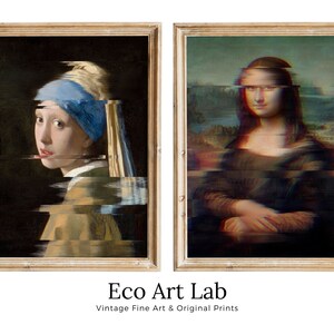 Könnte beinhalten: Zwei gerahmte Gemälde berühmter Porträts, Mädchen mit Perlenohrring und Mona Lisa, mit einem Glitch-Effekt. Die Gemälde sind in goldenen Rahmen und werden auf weißem Hintergrund angezeigt. Der Text "Eco Art Lab" und "Vintage Fine Art & Original Prints" befindet sich unter den Gemälden.