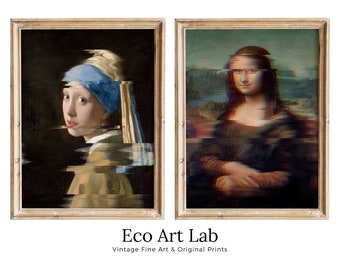 Glitch Art Altered Classic Painting Set of 2 Prints. Girl w Pearl Earring & Mona Lisa. Printable Altered Vintage Famous Classic Art Prints.