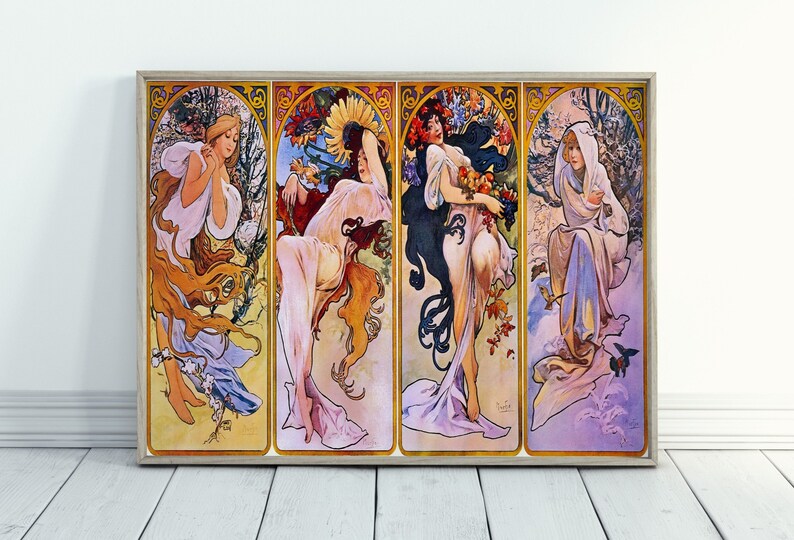May include: A vintage art print depicting four women representing the four seasons. Spring is shown in a pale blue dress with long flowing hair, Summer in a pink dress with sunflowers, Autumn in a purple dress with grapes, and Winter in a blue dress with a white hood.