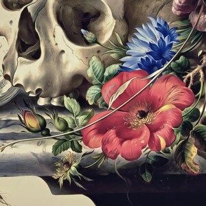 May include: A still life painting featuring a human skull, a bouquet of flowers, and a piece of sheet music. The flowers are a mix of red, blue, and yellow, and the skull is white with a few brown accents. The sheet music is a faded white with black ink.