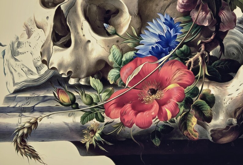 May include: A still life painting featuring a human skull, a bouquet of flowers, and a piece of sheet music. The flowers are a mix of red, blue, and yellow, and the skull is white with a few brown accents. The sheet music is a faded white with black ink.