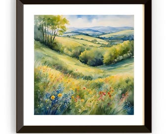Watercolor Painting Printable Art I Countryside Floral Design I Colorful Square Format Wall Decor