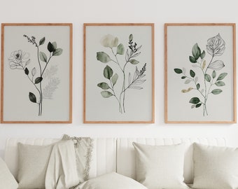 Botanical Print Set of 3. Sage Green Gallery Wall Art. Boho Wild Flowers Printable Art. Abstract Line Art. Watercolor Floral Minimalist #2
