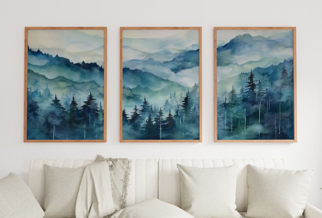 Blue Abstract Mountain 3 Piece Wall Art | Watercolor Mountain Landscape ...