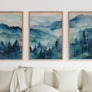 Blue Abstract Mountain 3 Piece Wall Art | Watercolor Mountain Landscape | Nature Print Set | Modern Minimal Decor | Pine Forest Wall Art