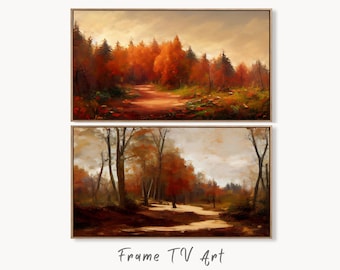 Samsung Frame TV Art 4K Rustic Landscape Autumn Digital Paintings Set of 2. Instant Download Muted Fall Art for Samsung Frame TV. Art for TV