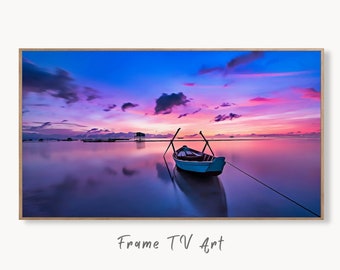 Samsung Frame TV Art 4K Dawn with a Boat At Sea Print, Nautical Wall Decor. Instant Download Art for the Frame TV. Colorful Art for TV