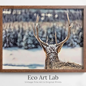 Deer Antlers Printable Wall Art, Snowy Winter Scene Deer Print, Deer Head Digital Painting, Animal Print Deer Poster, Nature Wall Art
