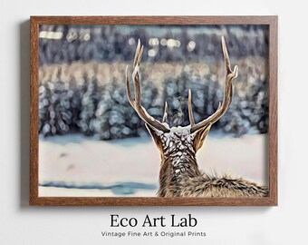 Deer Antlers Printable Wall Art, Snowy Winter Scene Deer Print, Deer Head Digital Painting, Animal Print Deer Poster, Nature Wall Art