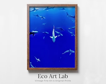 Sharks in Deep Blue Water Instant Download Shark Wall Art Poster. Printable Wall Art Shark Decor. Nature Wall Art Nautical Home Decor