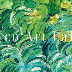 May include: A green and blue abstract painting with the text "Eco Art Lab" in white.
