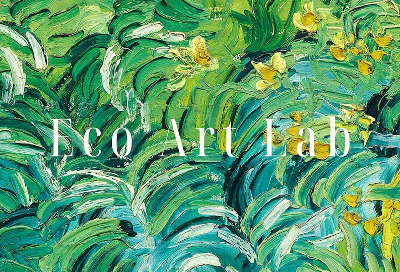 May include: A green and blue abstract painting with the text "Eco Art Lab" in white.