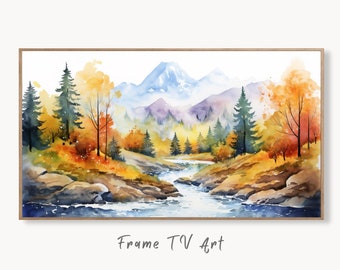 Samsung Frame TV Art 4K Mountain River & Forest Fall Landscape Painting. Instant Download Forest Art for Samsung Frame TV. Art for TV