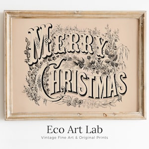 Vintage Merry Christmas Art Print. Christmas Printable Wall Art. Antique Christmas Wall Decor. Christmas Art Retro Holiday Greeting Wall Art