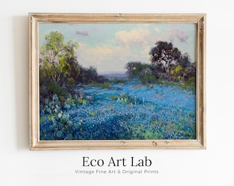 Blue Bonnets at Late Afternoon. PRINTABLE Spring Meadow Landscape Painting. Vintage Landscape Print Texas Bluebonnets Painting. Flower Field