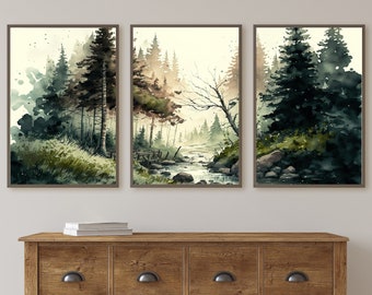 Forest Landscape Printable. Forest River Set of 3 Prints. Green Forest Trees Watercolor Painting. Printable Wall Art. 3 Piece Gallery Wall