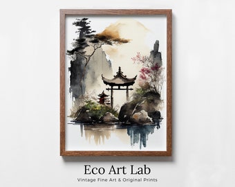 Zen Garden Printable Wall Art. Instant Download Watercolor Zen Art. Japandi Landscape. Japanese Wall Art. Spiritual Painting. Asian Wall Art