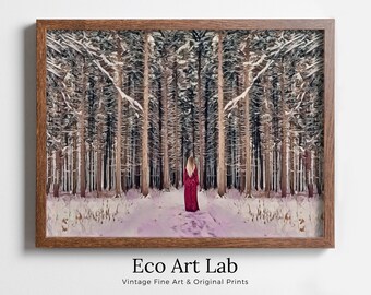 Woman Entering Forest, Fantasy Art Print Digital Painting, Abstract Printable Wall Art, Nature Print Digital Art Instant Download