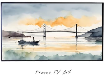 San Francisco Art For Frame TV. Golden Gate Decor For Modern Artwork. Bay Watercolor Urban Landscape 4K Wall Art